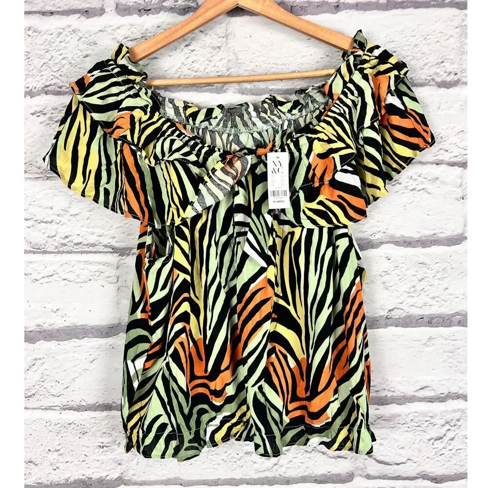 NWT New York & Company Women XL Safari Resortwear Maximalist Off Shoulder Blouse